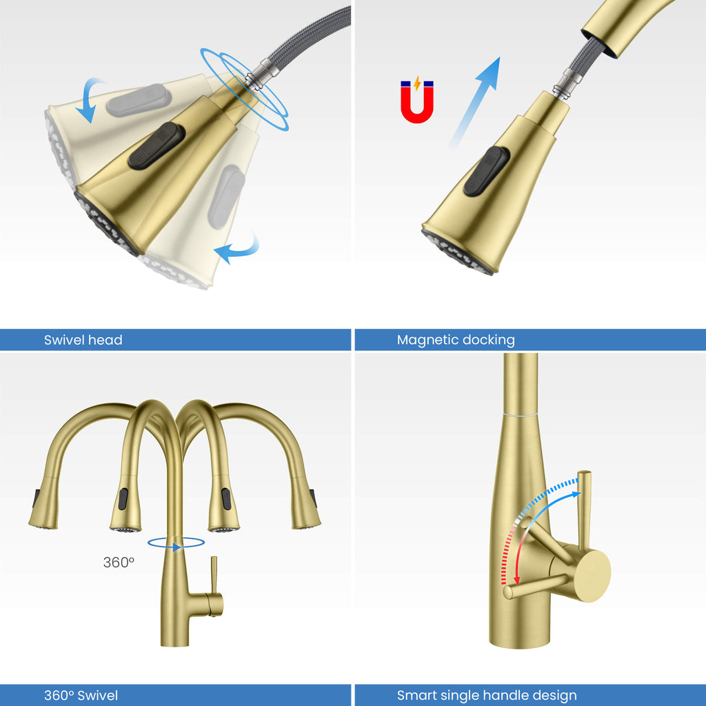 Kibi Bari-T Single Handle Pull Down Kitchen Sink Faucet in Brushed Gold Finish - KKF2016BG