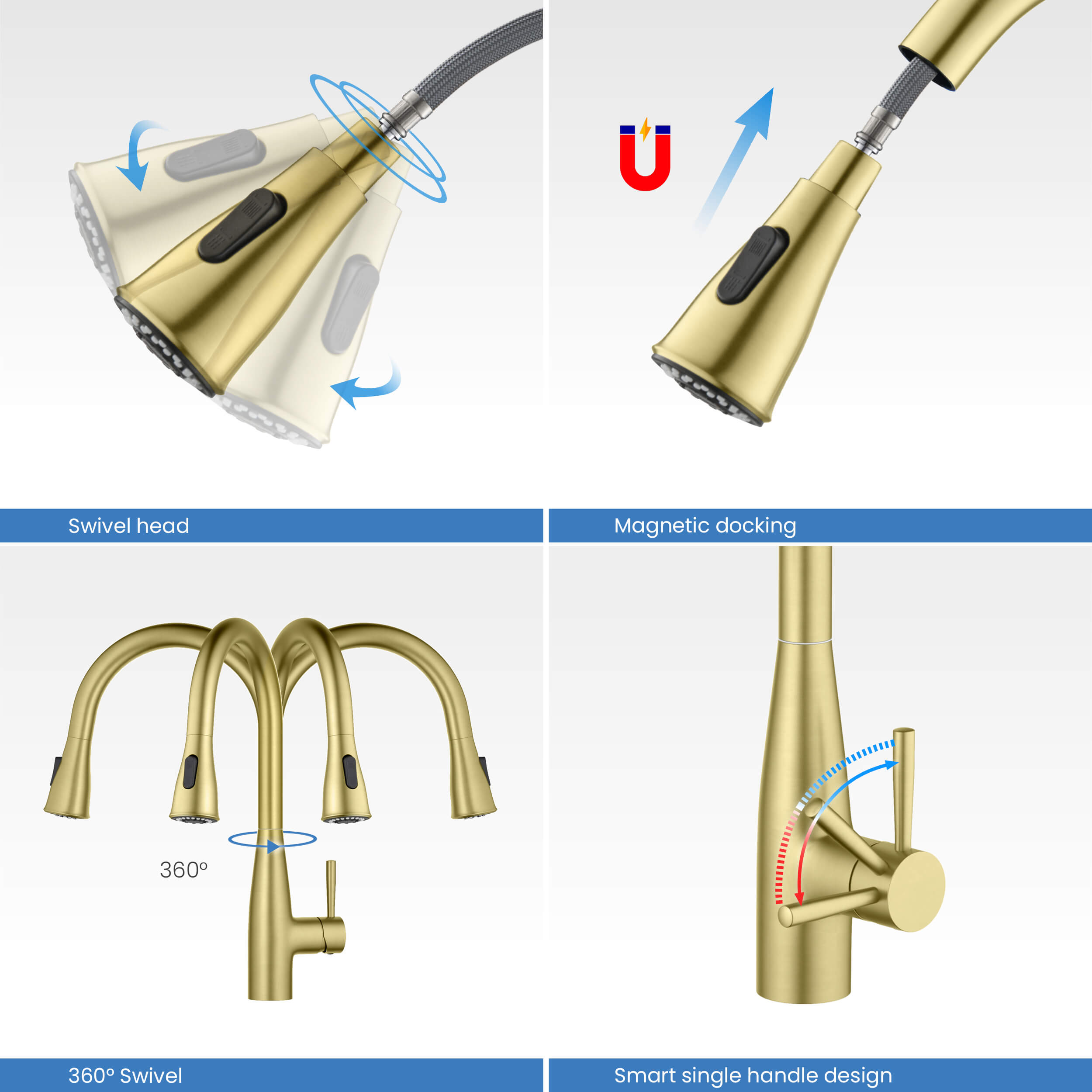 Kibi Bari-T Single Handle Pull Down Kitchen Sink Faucet in Brushed Gold Finish - KKF2016BG