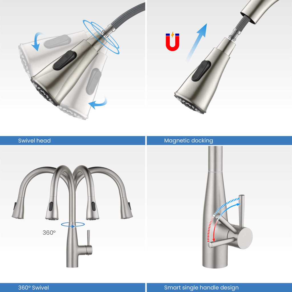 Kibi Bari-T Single Handle Pull Down Kitchen Sink Faucet in Brushed Nickel Finish - KKF2016BN