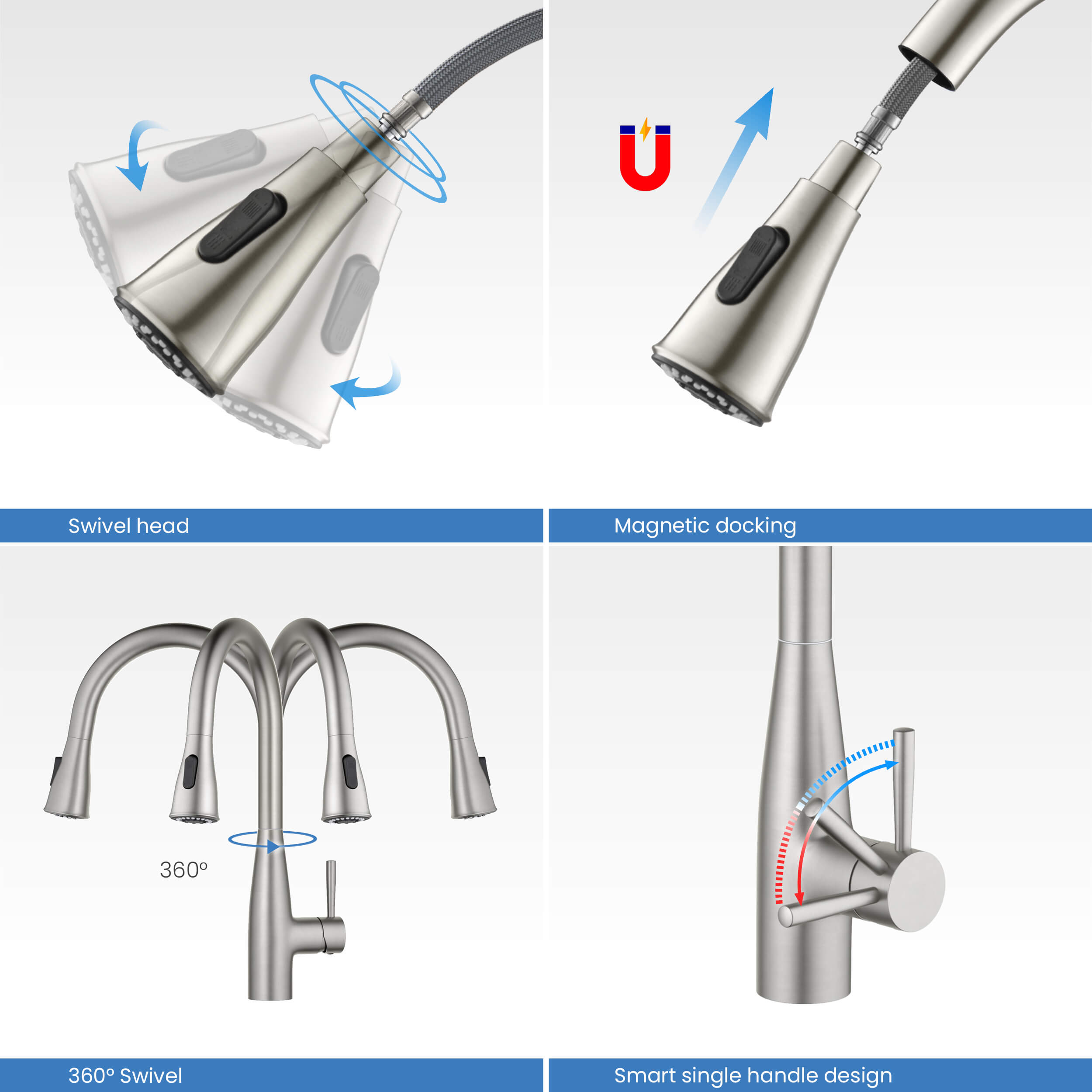 Kibi Bari-T Single Handle Pull Down Kitchen Sink Faucet in Brushed Nickel Finish - KKF2016BN