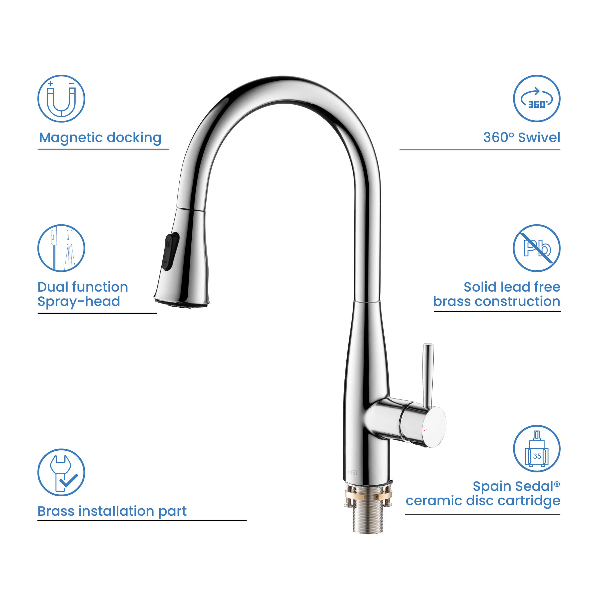 Kibi Bari-T Single Handle Pull Down Kitchen Sink Faucet in Chrome Finish - KKF2016CH