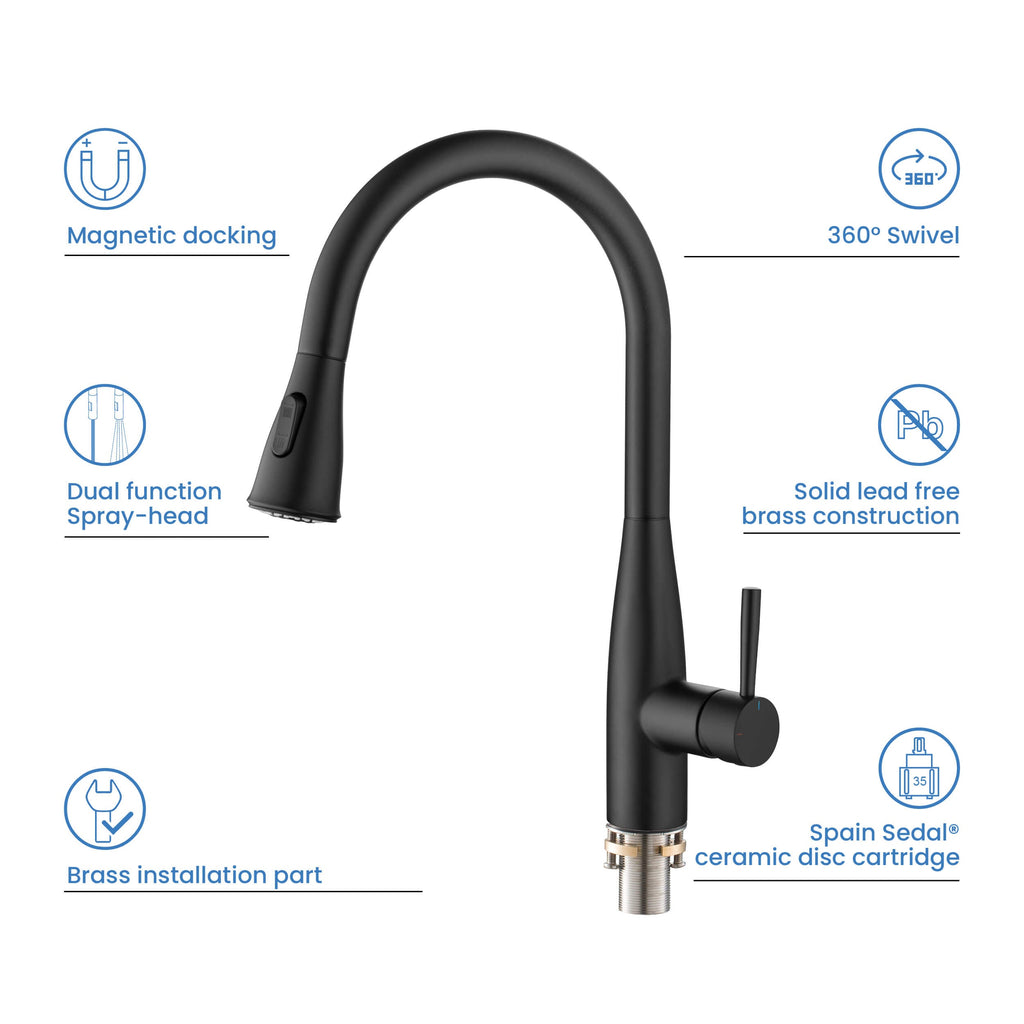 Kibi Bari-T Single Handle Pull Down Kitchen Sink Faucet in Matte Black Finish - KKF2016MB