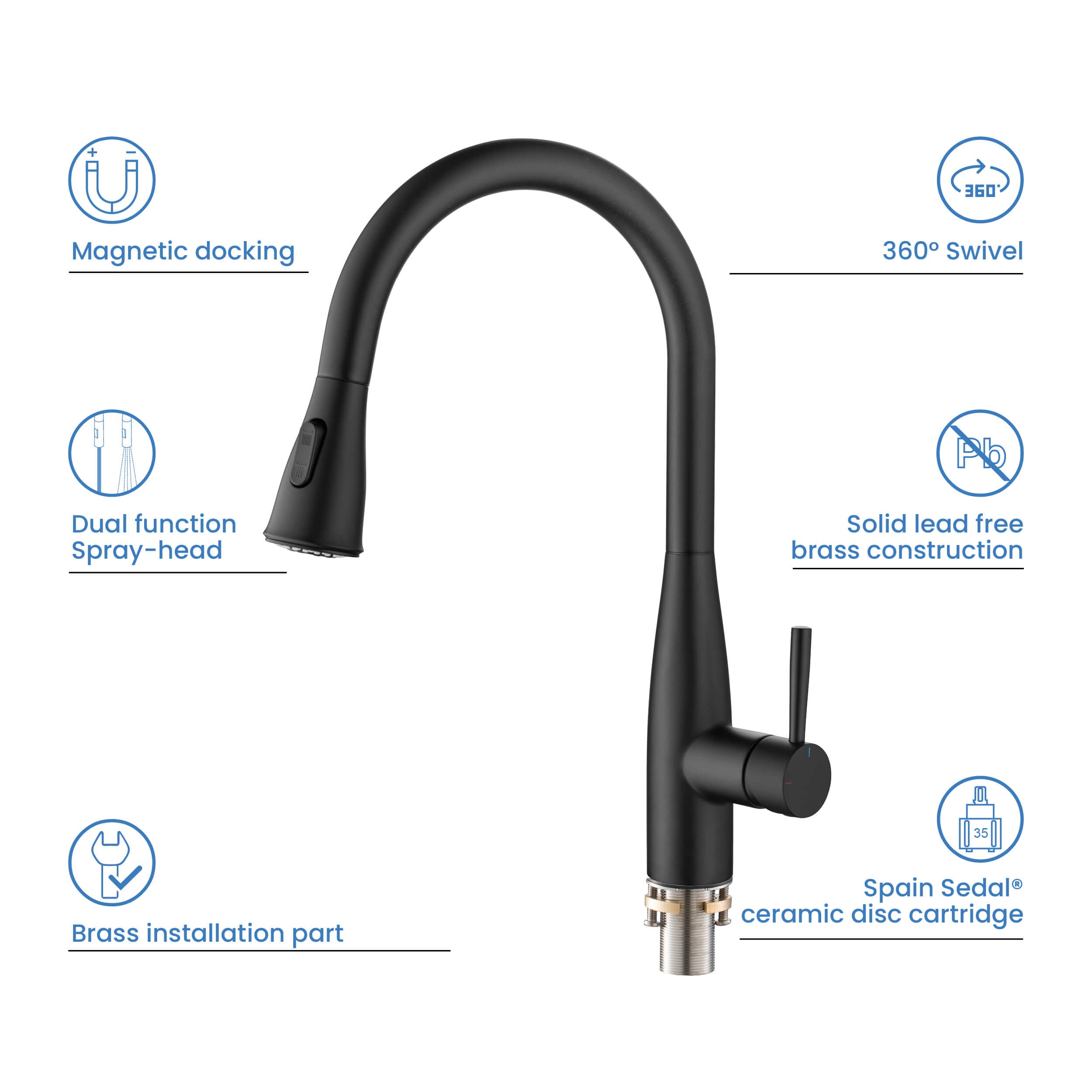 Kibi Bari-T Single Handle Pull Down Kitchen Sink Faucet in Matte Black Finish - KKF2016MB