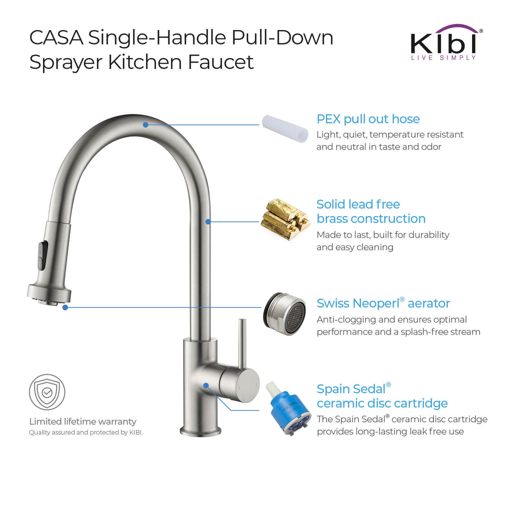 Kibi Casa Single Handle High Arc Pull Down Kitchen Faucet in Brushed Nickel Finish - KKF2002BN