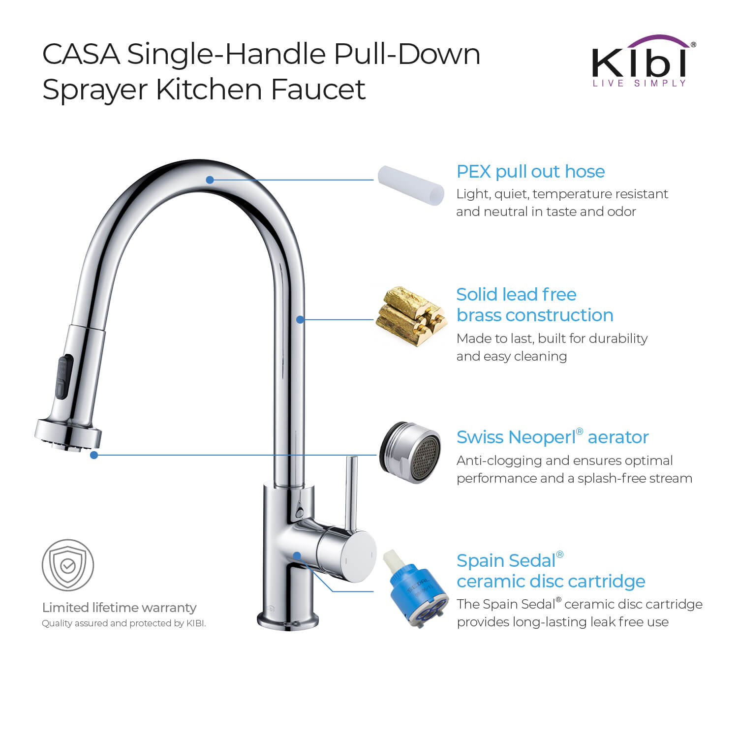 Kibi Casa Single Handle High Arc Pull Down Kitchen Faucet in Chrome Finish - KKF2002CH