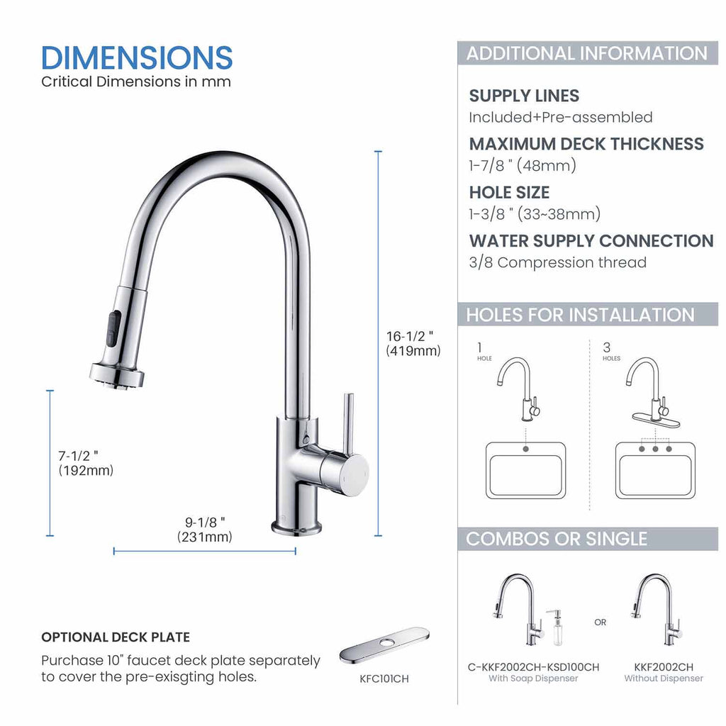 Kibi Casa Single Handle High Arc Pull Down Kitchen Faucet in Chrome Finish - KKF2002CH