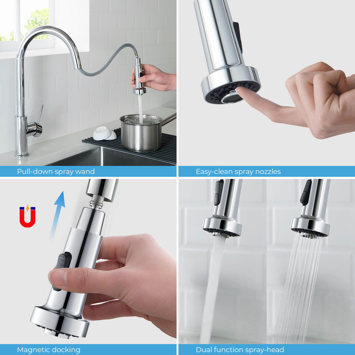Kibi Casa Single Handle High Arc Pull Down Kitchen Faucet in Chrome Finish - KKF2002CH