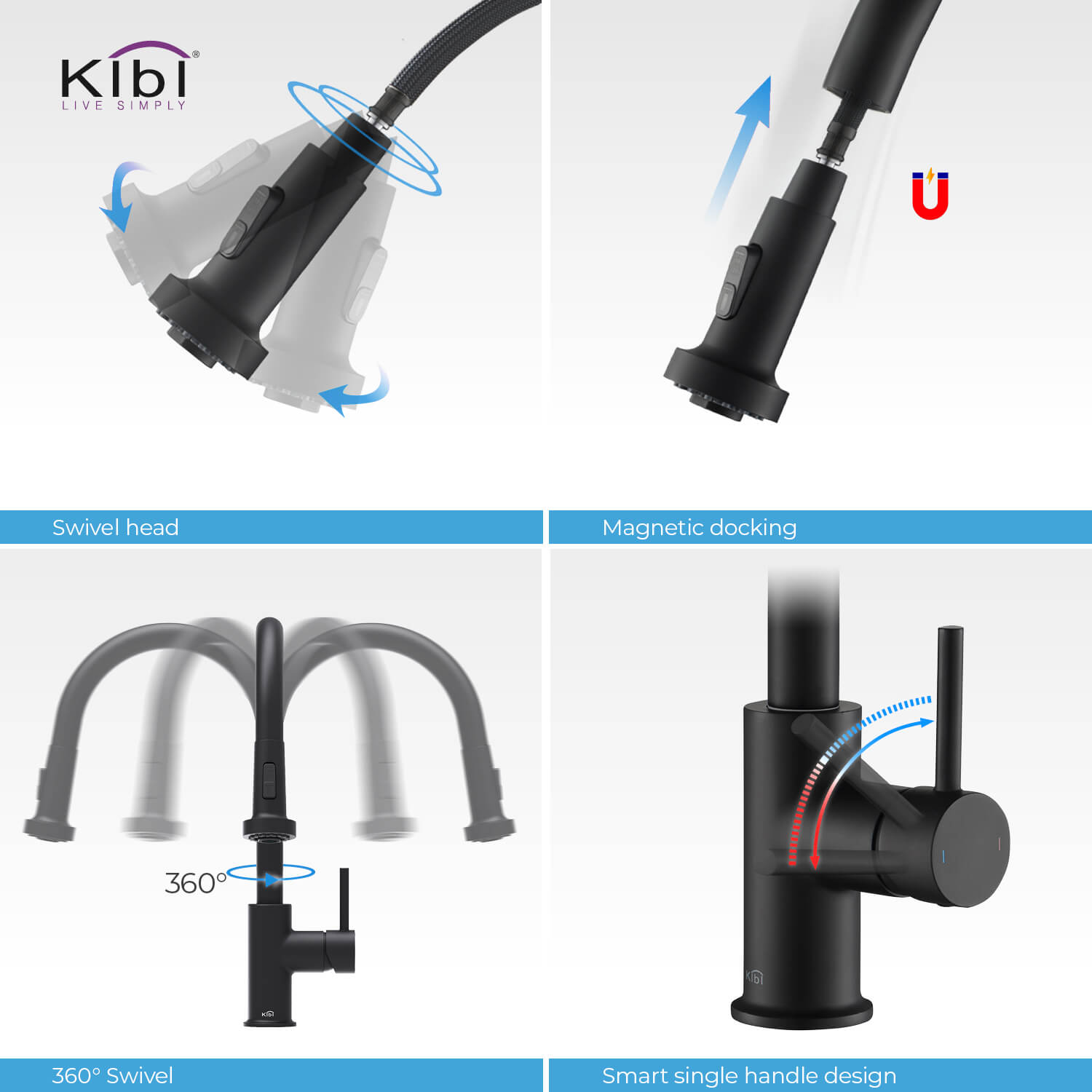 Kibi Casa Single Handle High Arc Pull Down Kitchen Faucet in Matte Black Finish - KKF2002MB