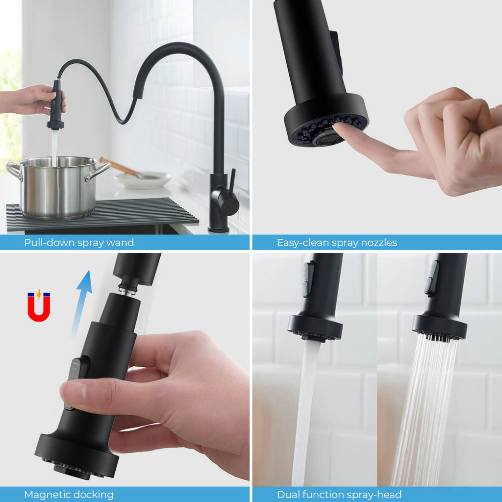 Kibi Casa Single Handle High Arc Pull Down Kitchen Faucet in Matte Black Finish - KKF2002MB