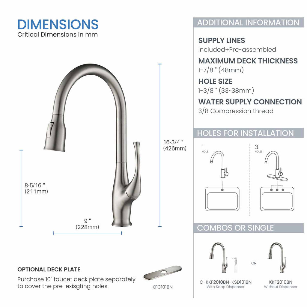 Kibi Cedar Single Handle High Arc Pull Down Kitchen Faucet With Soap Dispenser in Brushed Nickel Finish - C-KKF2010BN-KSD101BN