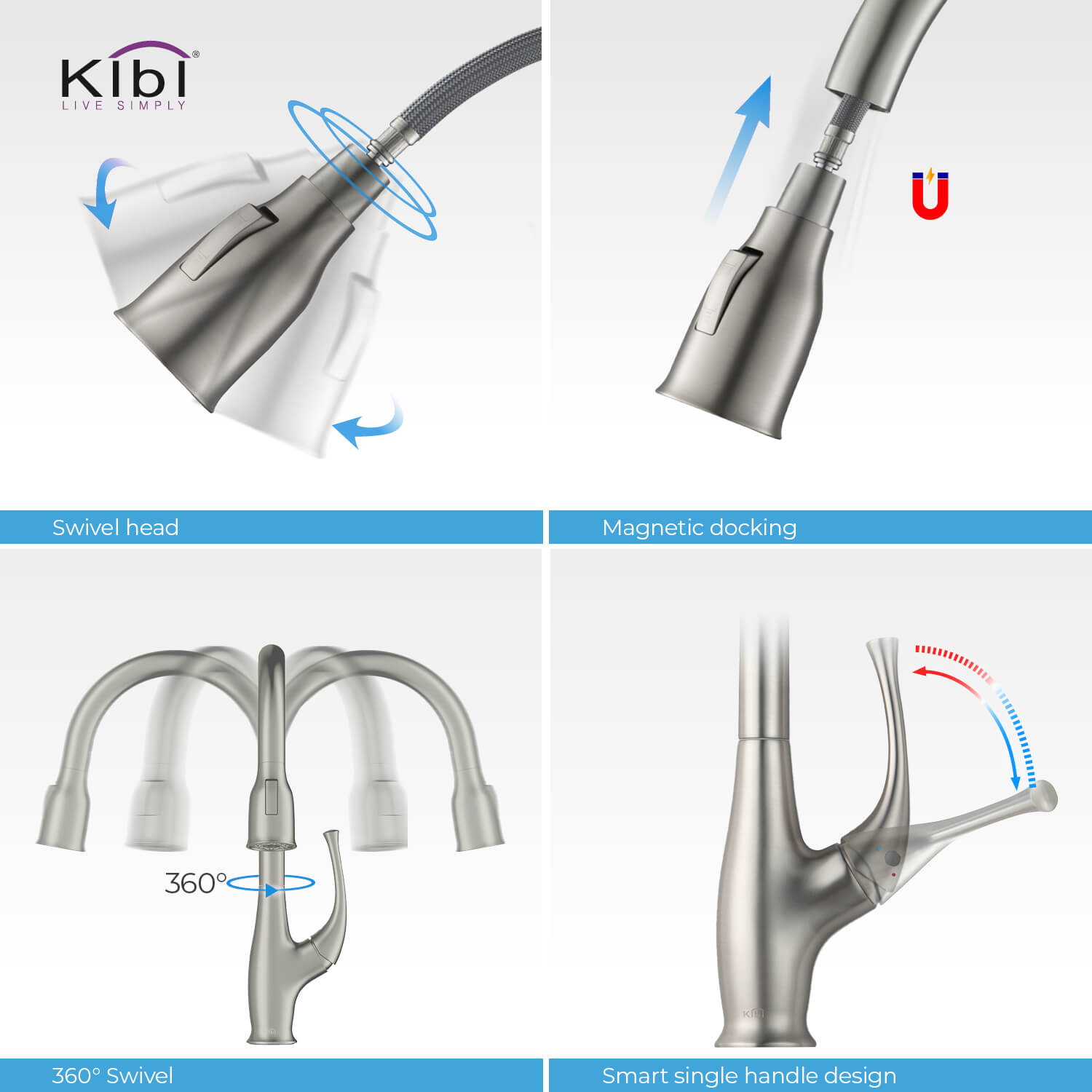 Kibi Cedar Single Handle High Arc Pull Down Kitchen Faucet With Soap Dispenser in Brushed Nickel Finish - C-KKF2010BN-KSD101BN