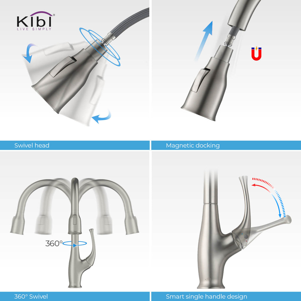 Kibi Cedar Single Handle High Arc Pull Down Kitchen Faucet in Brushed Nickel Finish - KKF2010BN