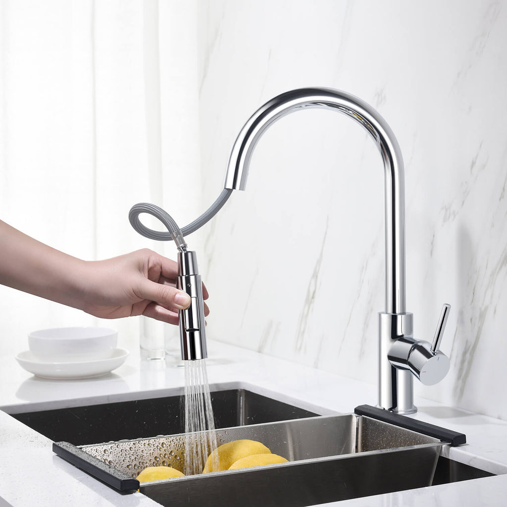 Kibi Circular Single Handle Pull Down Kitchen Faucet With Soap Dispenser in Chrome Finish - C-KKF2013CH-KSD100CH