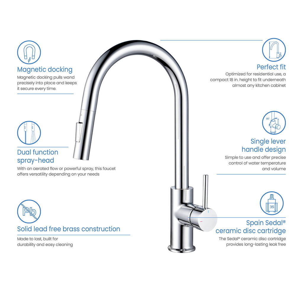 Kibi Circular Single Handle Pull Down Kitchen Faucet With Soap Dispenser in Chrome Finish - C-KKF2013CH-KSD100CH