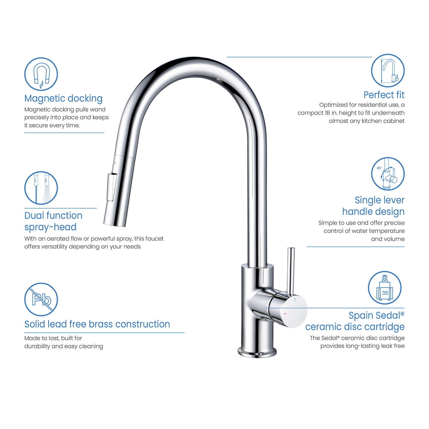 Kibi Circular Single Handle Pull Down Kitchen Faucet With Soap Dispenser in Chrome Finish - C-KKF2013CH-KSD100CH