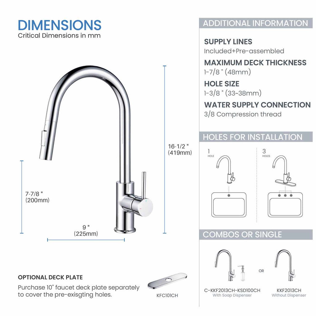 Kibi Circular Single Handle Pull Down Kitchen Faucet With Soap Dispenser in Chrome Finish - C-KKF2013CH-KSD100CH