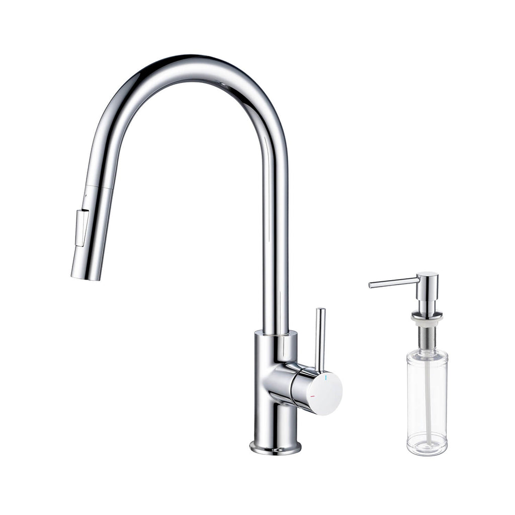 Kibi Circular Single Handle Pull Down Kitchen Faucet With Soap Dispenser in Chrome Finish - C-KKF2013CH-KSD100CH