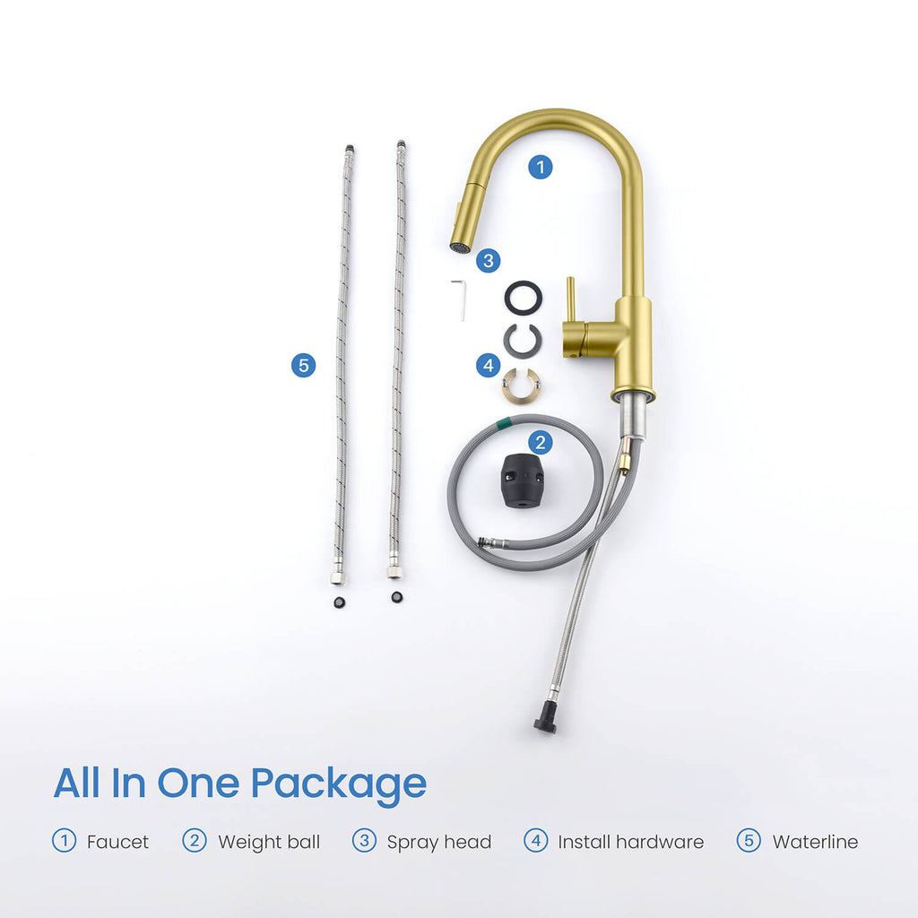 Kibi Circular Single Handle Pull Down Kitchen Faucet in Brushed Gold Finish - KKF2013BG