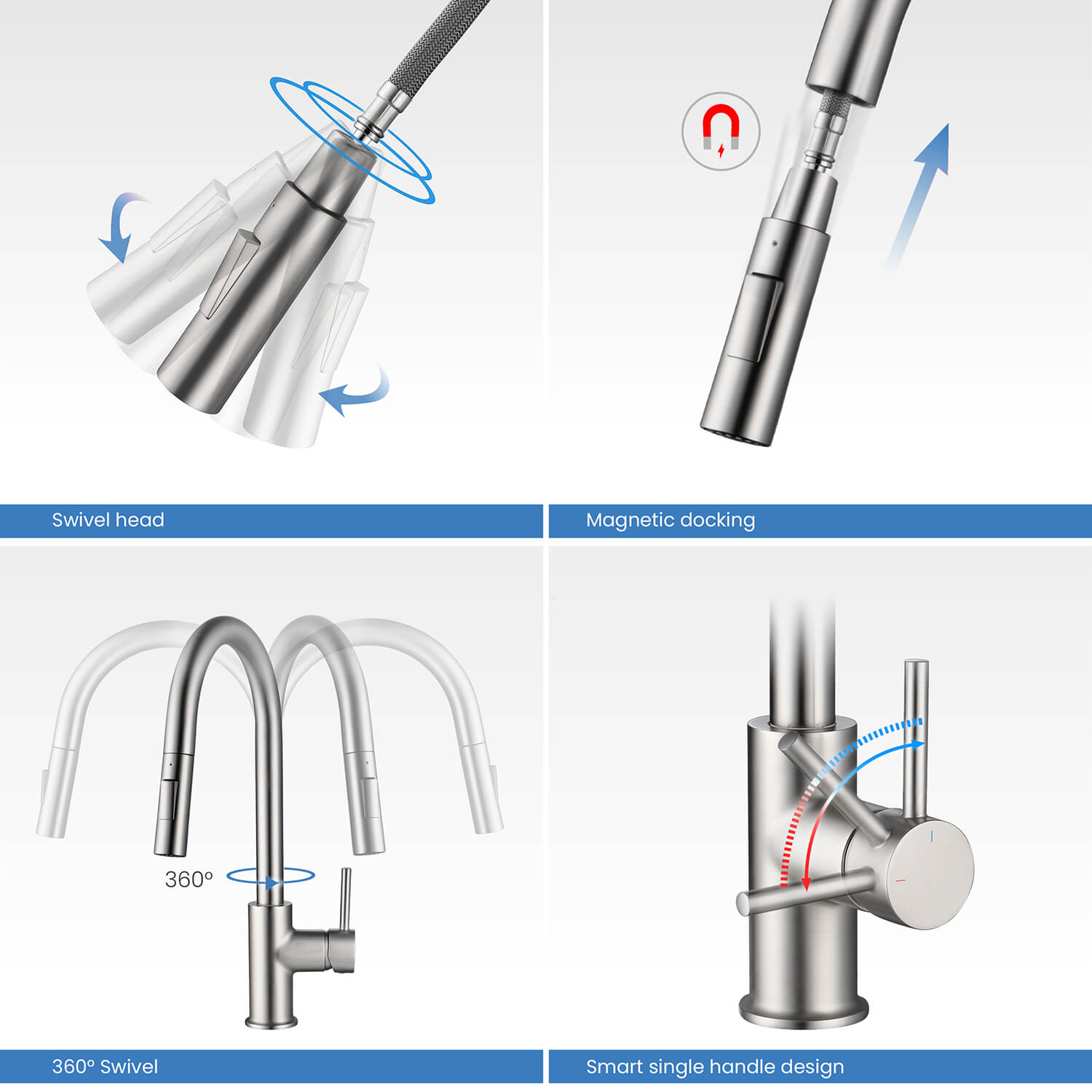 Kibi Circular Single Handle Pull Down Kitchen Faucet in Brushed Nickel Finish - KKF2013BN