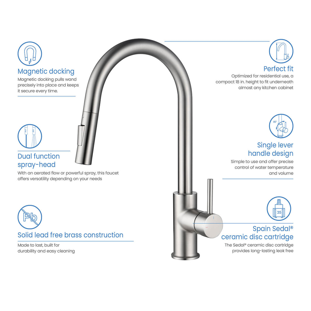 Kibi Circular Single Handle Pull Down Kitchen Faucet in Brushed Nickel Finish - KKF2013BN