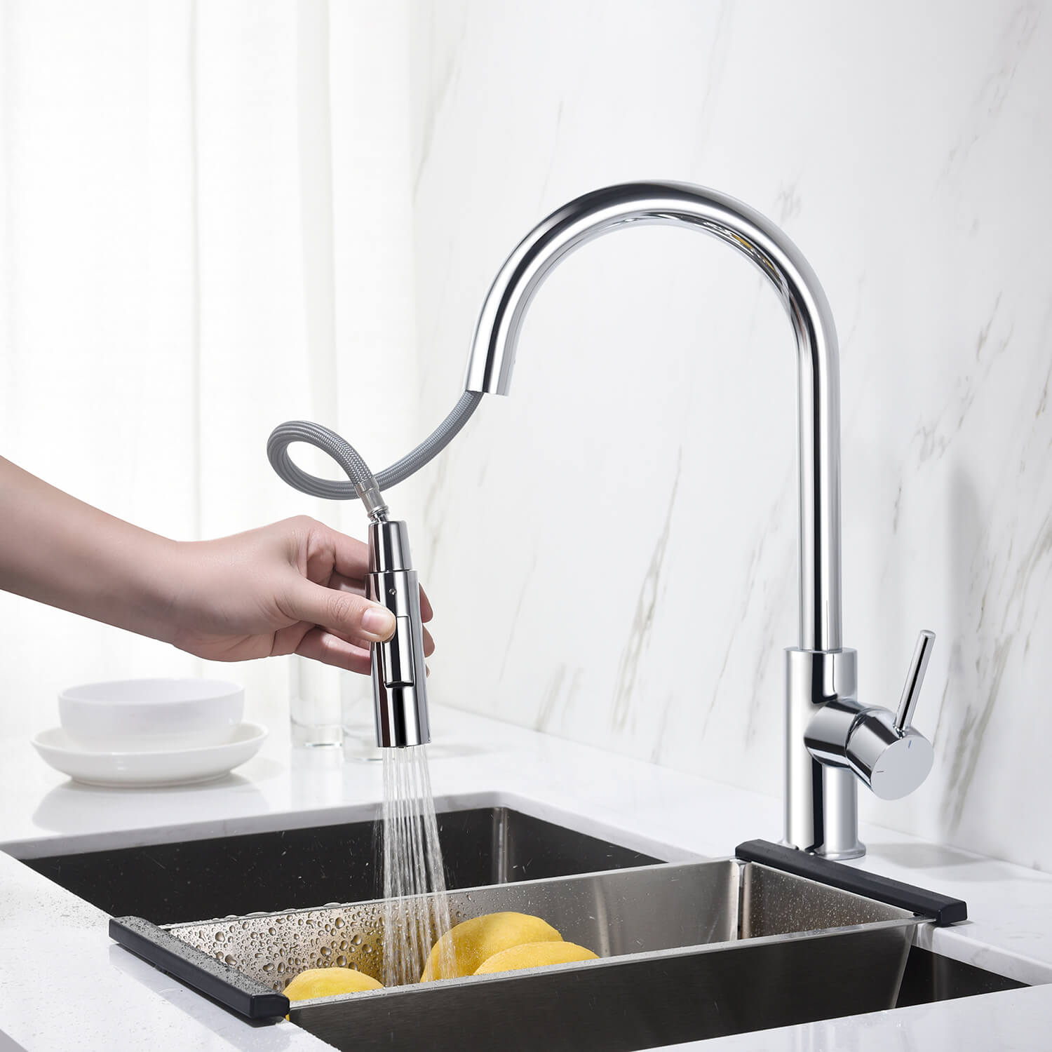 Kibi Circular Single Handle Pull Down Kitchen Faucet in Chrome Finish - KKF2013CH