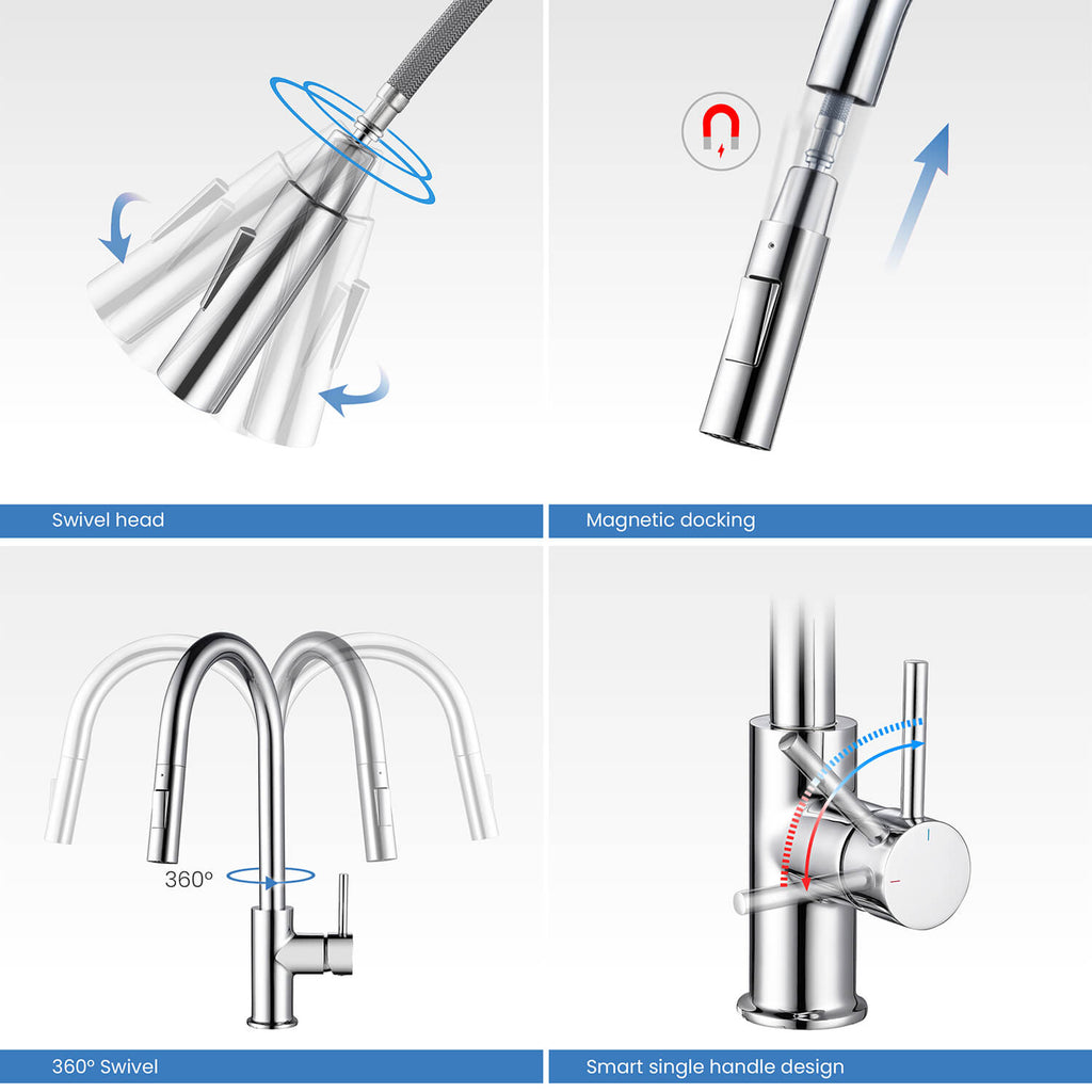 Kibi Circular Single Handle Pull Down Kitchen Faucet in Chrome Finish - KKF2013CH