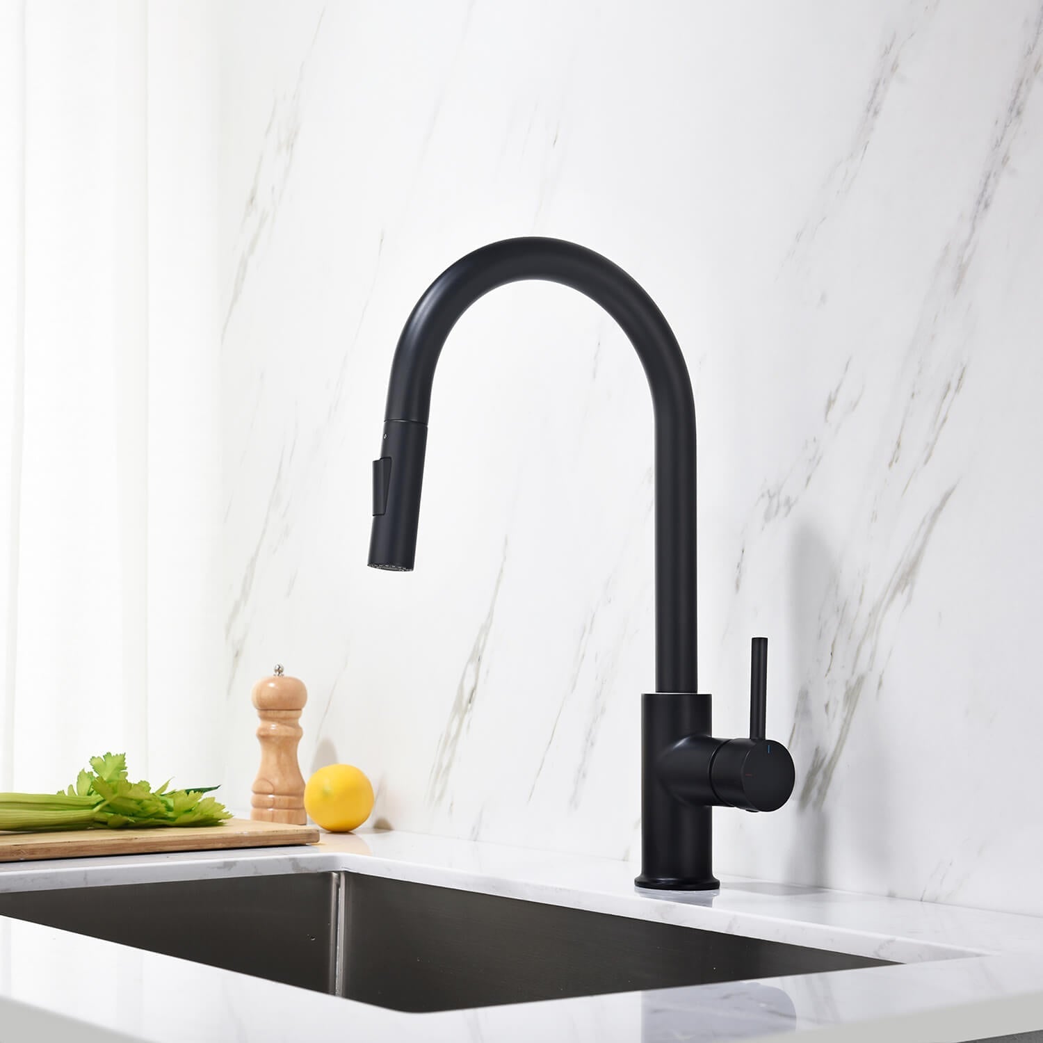 Kibi Circular Single Handle Pull Down Kitchen Faucet in Matte Black Finish - KKF2013MB