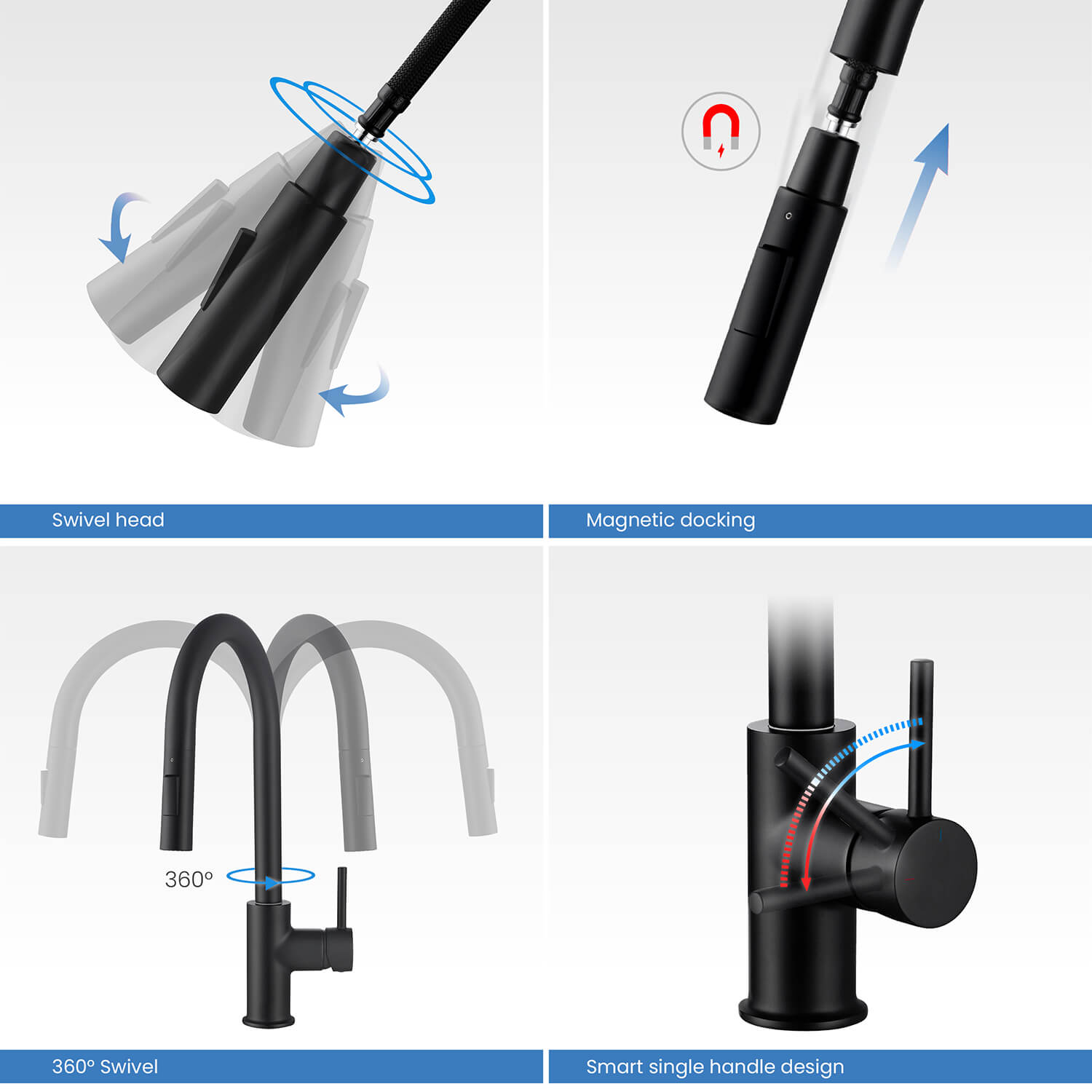 Kibi Circular Single Handle Pull Down Kitchen Faucet in Matte Black Finish - KKF2013MB