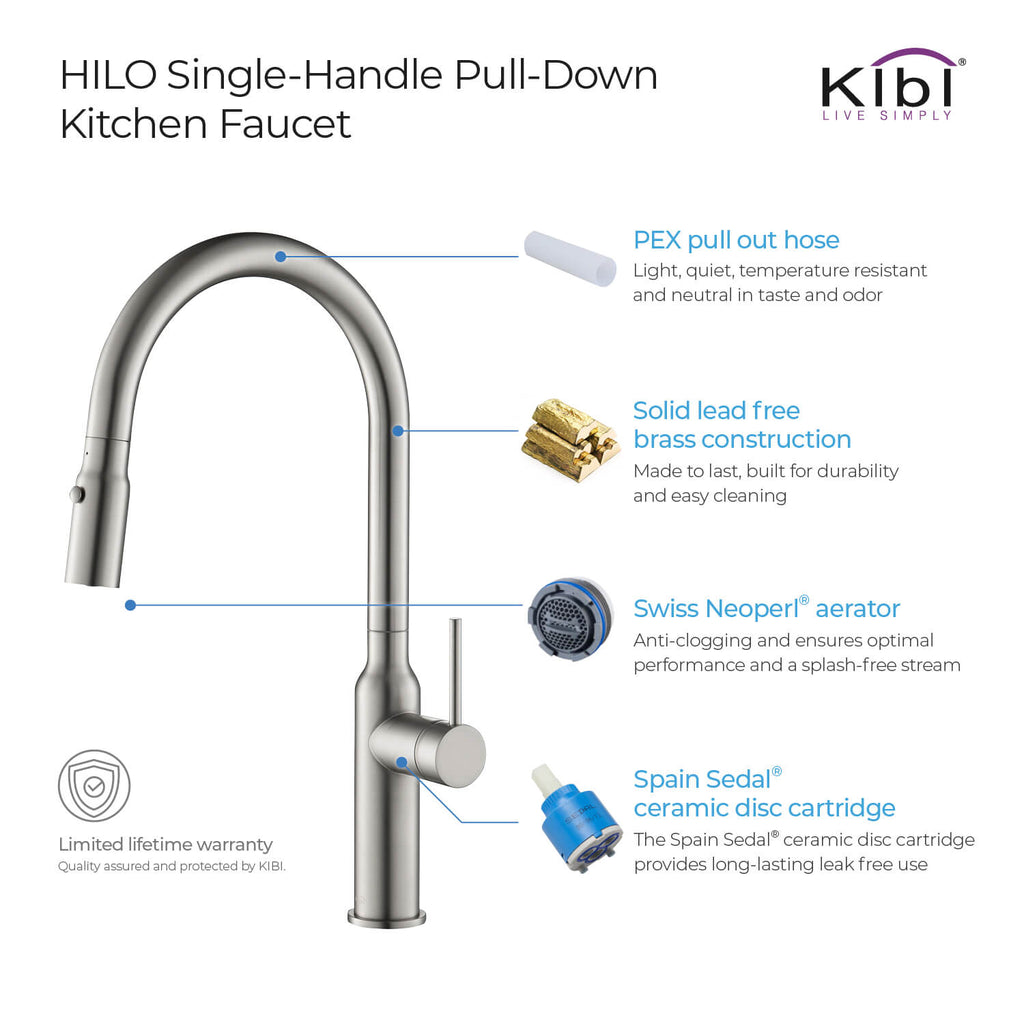 Kibi Hilo Single Handle High Arc Pull Down Kitchen Faucet in Brushed Nickel Finish - KKF2008BN