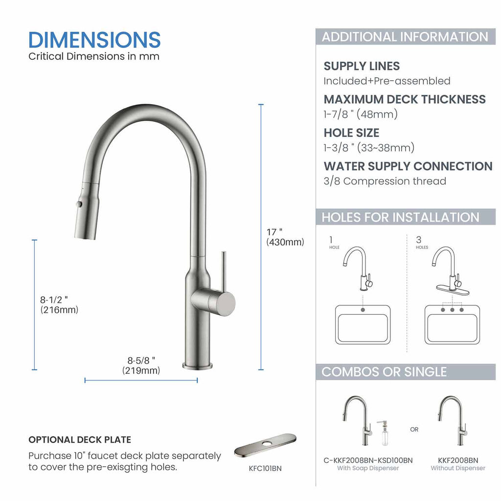 Kibi Hilo Single Handle High Arc Pull Down Kitchen Faucet in Brushed Nickel Finish - KKF2008BN