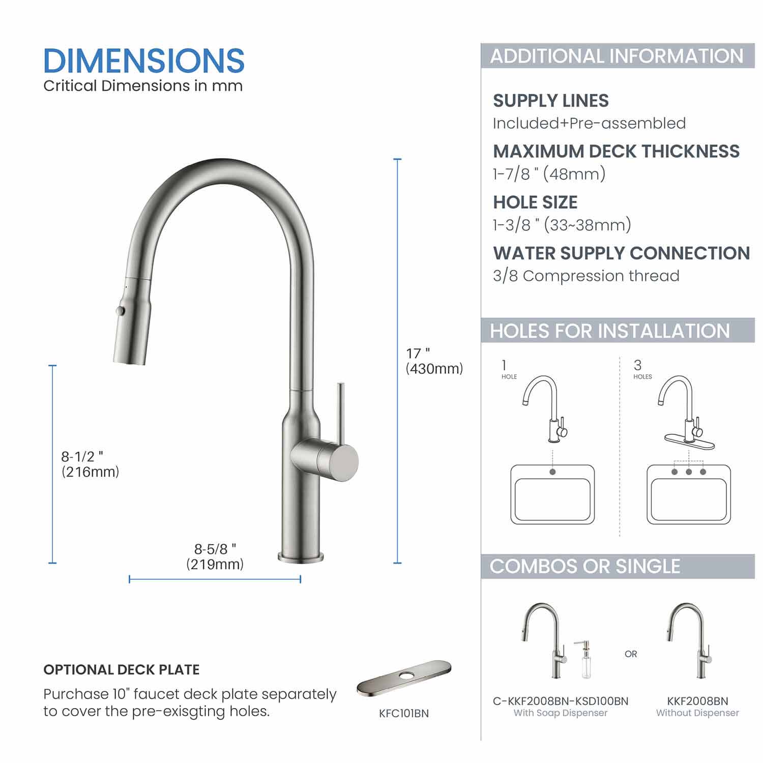 Kibi Hilo Single Handle High Arc Pull Down Kitchen Faucet in Brushed Nickel Finish - KKF2008BN