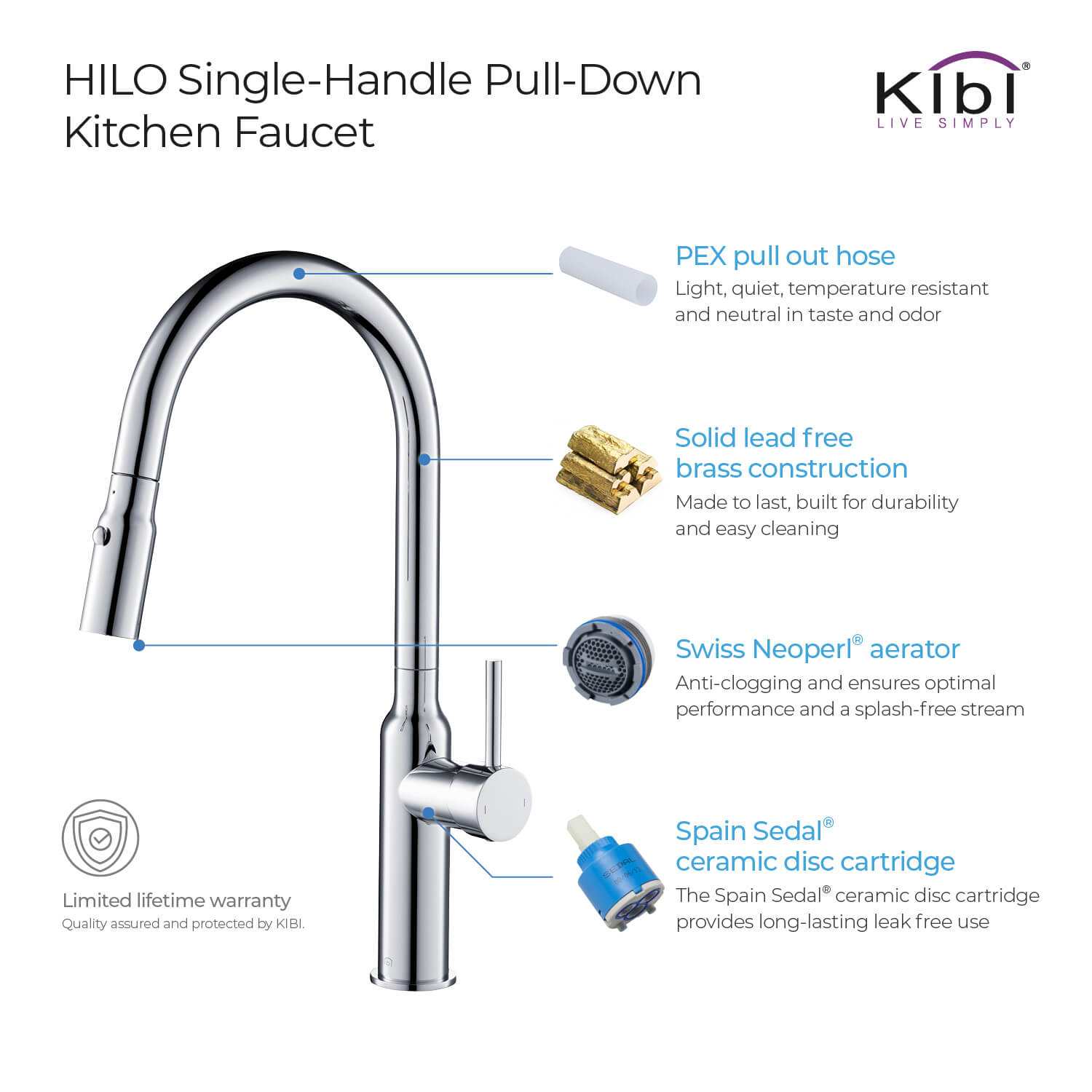 Kibi Hilo Single Handle High Arc Pull Down Kitchen Faucet in Chrome Finish - KKF2008CH