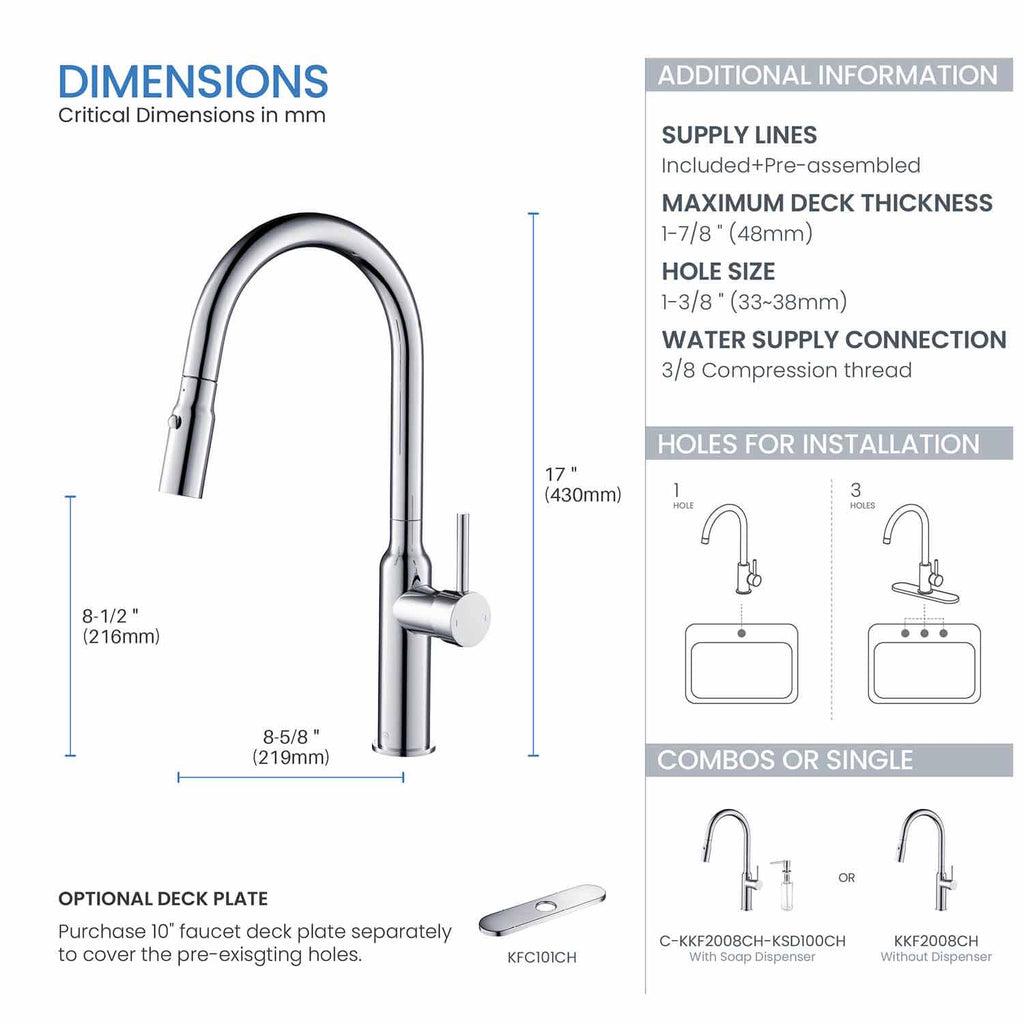 Kibi Hilo Single Handle High Arc Pull Down Kitchen Faucet in Chrome Finish - KKF2008CH