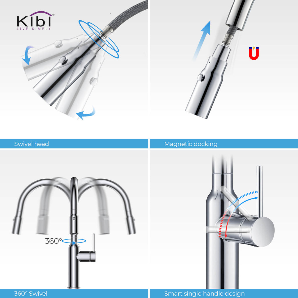 Kibi Hilo Single Handle High Arc Pull Down Kitchen Faucet in Chrome Finish - KKF2008CH