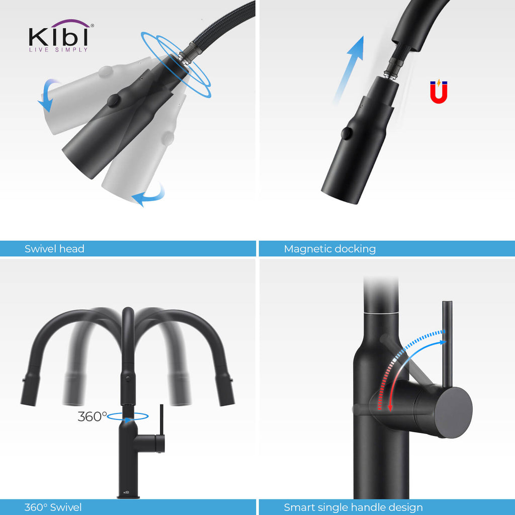 Kibi Hilo Single Handle High Arc Pull Down Kitchen Faucet in Matte Black Finish - KKF2008MB