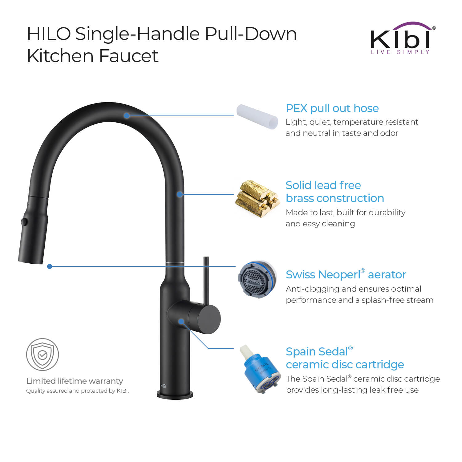 Kibi Hilo Single Handle High Arc Pull Down Kitchen Faucet in Matte Black Finish - KKF2008MB