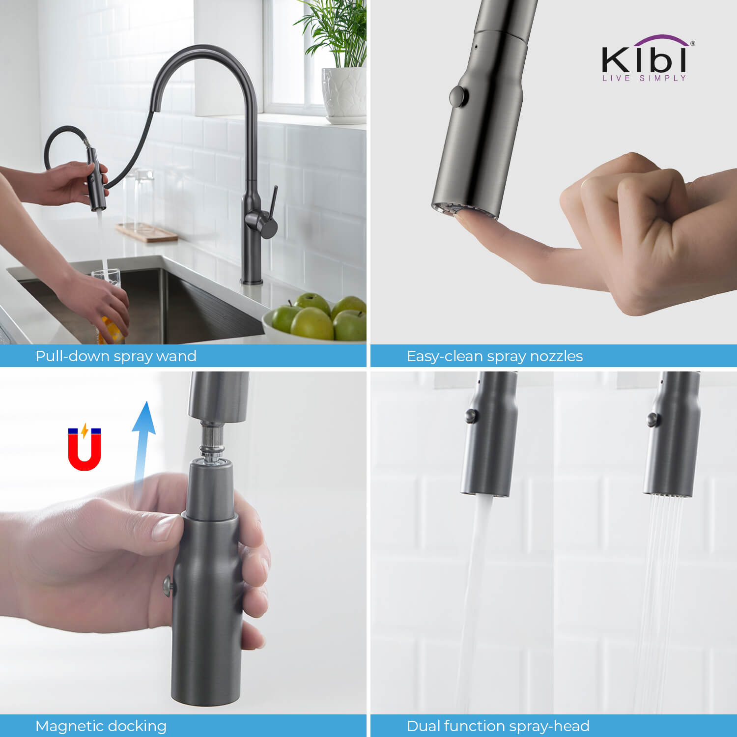 Kibi Hilo Single Handle High Arc Pull Down Kitchen Faucet in Titanium Finish - KKF2008TT