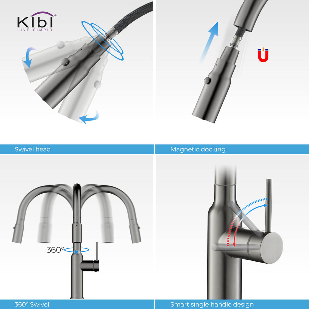Kibi Hilo Single Handle High Arc Pull Down Kitchen Faucet in Titanium Finish - KKF2008TT
