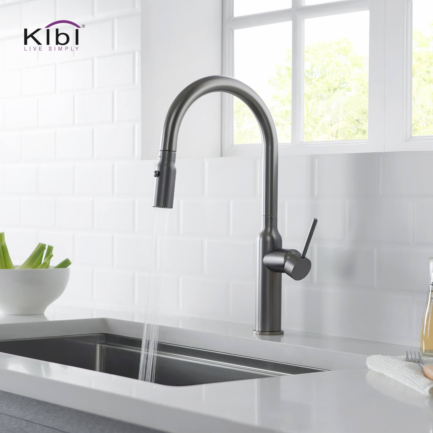 Kibi Hilo Single Handle High Arc Pull Down Kitchen Faucet in Titanium Finish - KKF2008TT