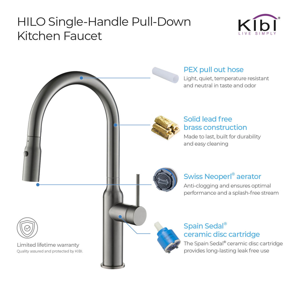 Kibi Hilo Single Handle High Arc Pull Down Kitchen Faucet in Titanium Finish - KKF2008TT