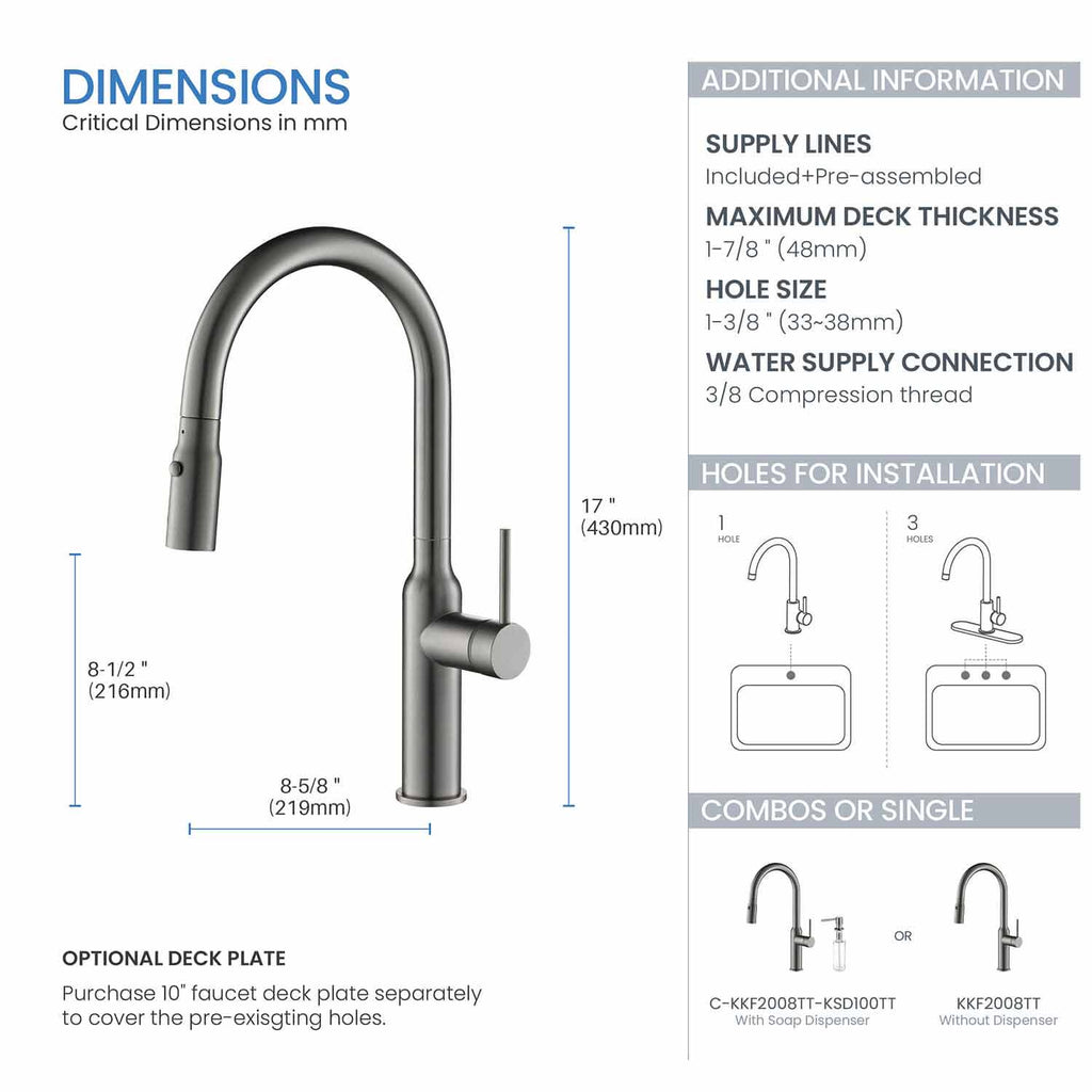 Kibi Hilo Single Handle High Arc Pull Down Kitchen Faucet in Titanium Finish - KKF2008TT