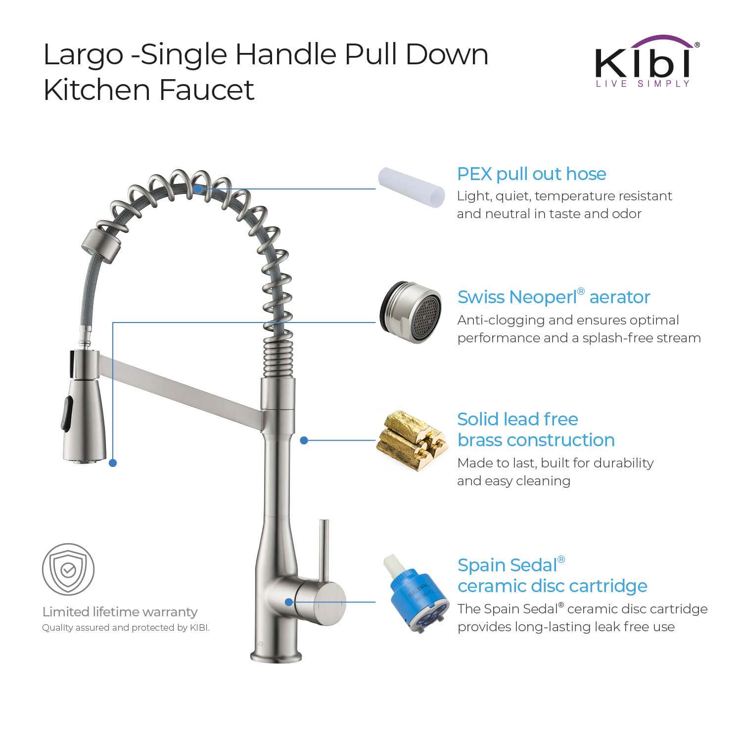 Kibi Largo Single Handle Pull Down Kitchen Faucet in Brushed Nickel Finish - KKF2006BN