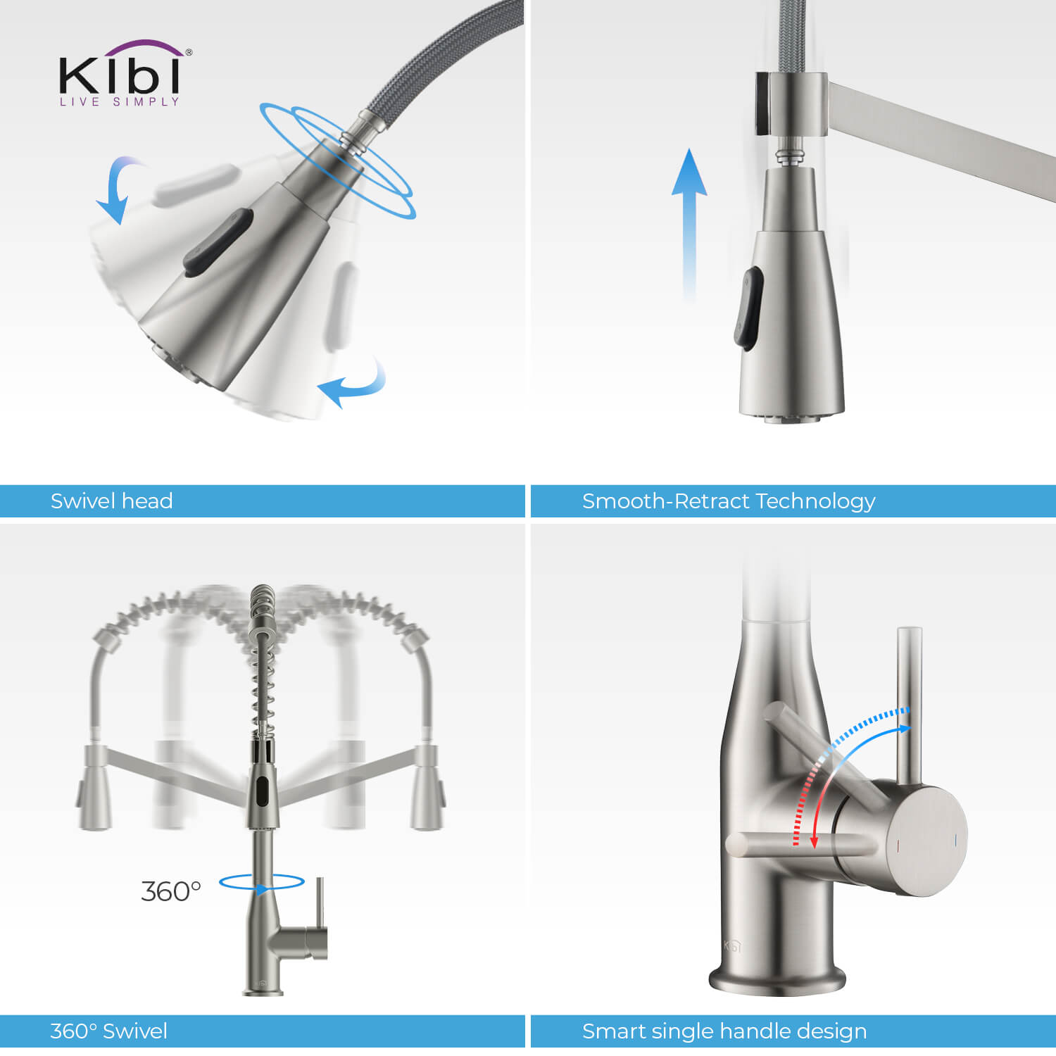 Kibi Largo Single Handle Pull Down Kitchen Faucet in Brushed Nickel Finish - KKF2006BN