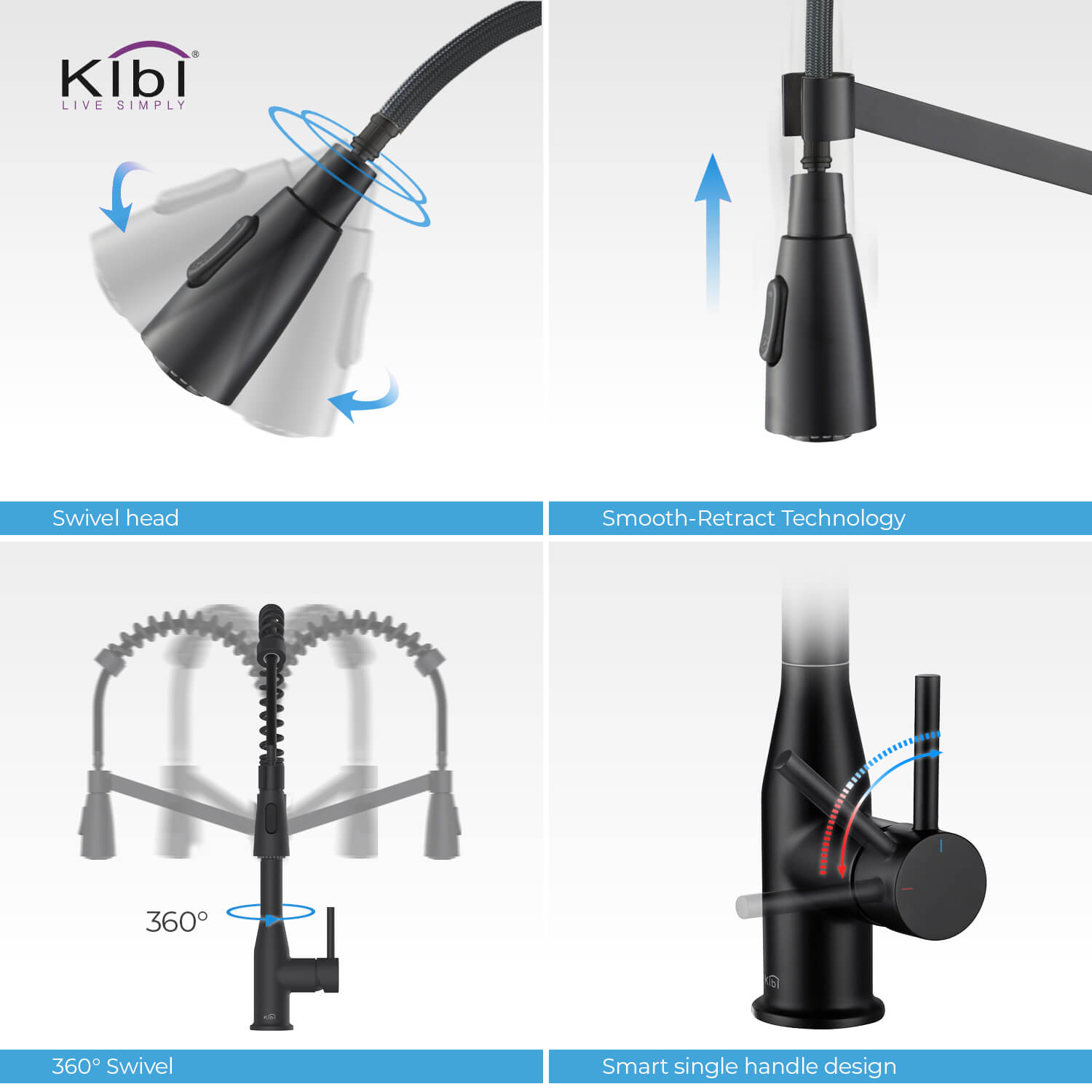Kibi Largo Single Handle Pull Down Kitchen Faucet in Matte Black Finish - KKF2006MB