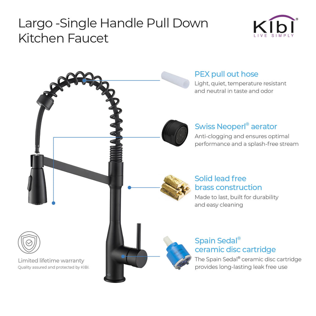 Kibi Largo Single Handle Pull Down Kitchen Faucet in Matte Black Finish - KKF2006MB