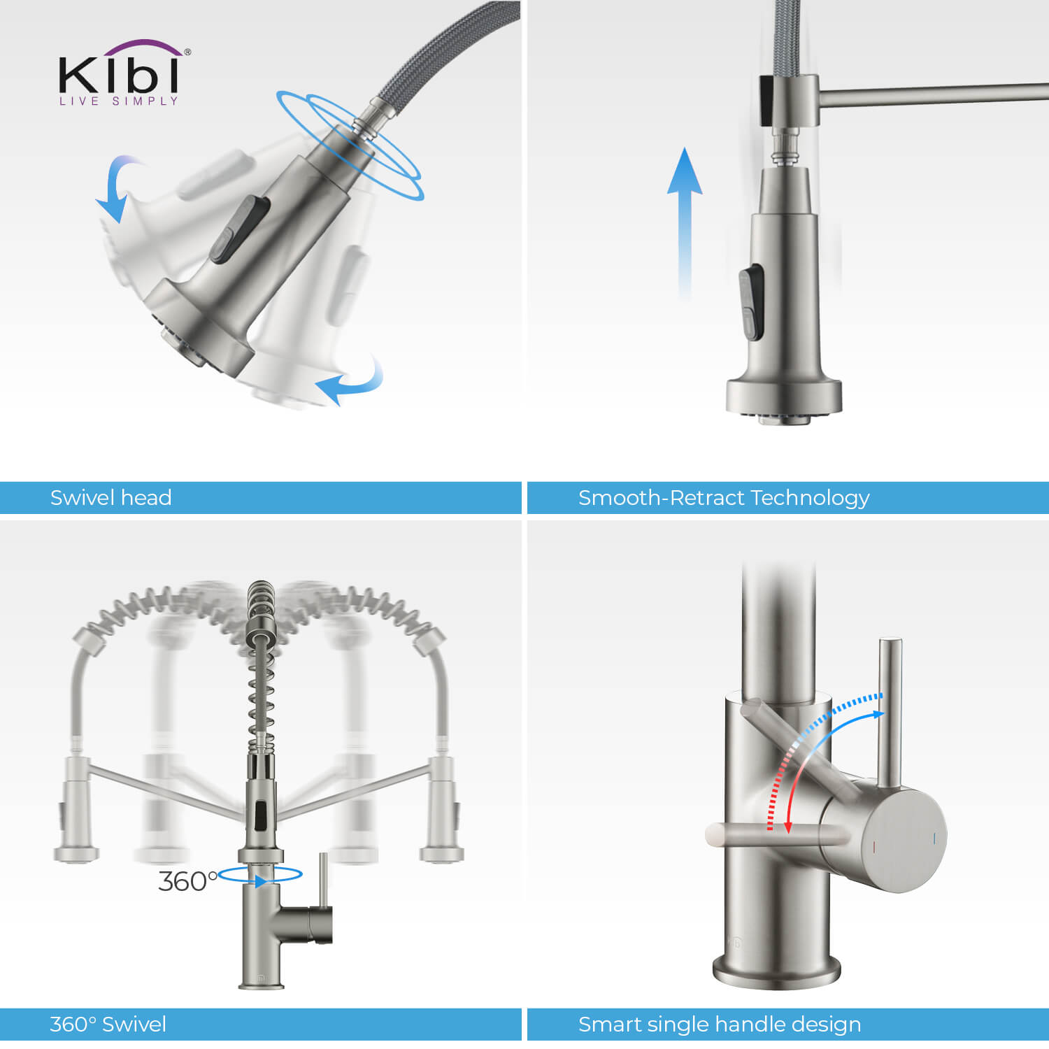 Kibi Lodi Single Handle High Arc Pull Down Kitchen Faucet IN Brushed Nickel Finish - KKF2004BN