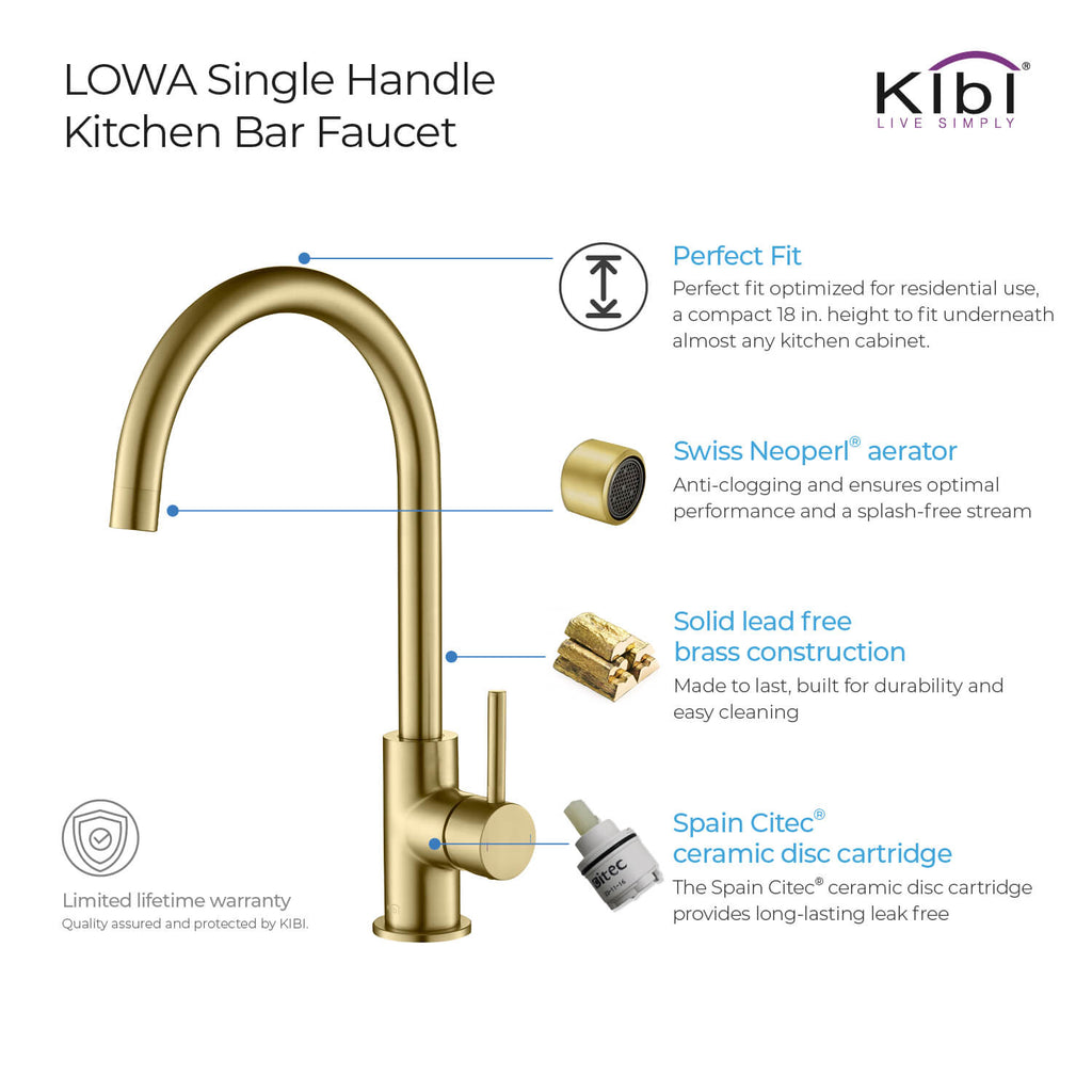 Kibi Lowa Single Handle High Arc Kitchen Bar Sink Faucet With Soap Dispenser in Brushed Gold Finish - C-KKF2001BG-KSD100BG