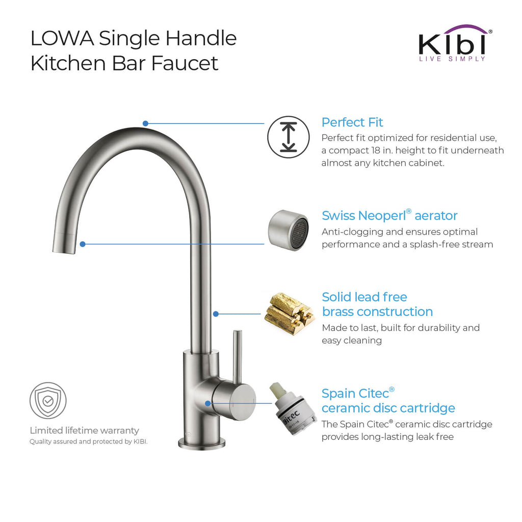 Kibi Lowa Single Handle High Arc Kitchen Bar Sink Faucet With Soap Dispenser in Brushed Nickel Finish - C-KKF2001BN-KSD100BN