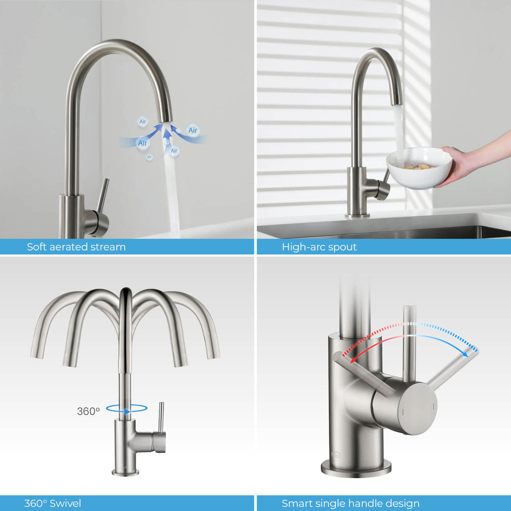 Kibi Lowa Single Handle High Arc Kitchen Bar Sink Faucet With Soap Dispenser in Brushed Nickel Finish - C-KKF2001BN-KSD100BN