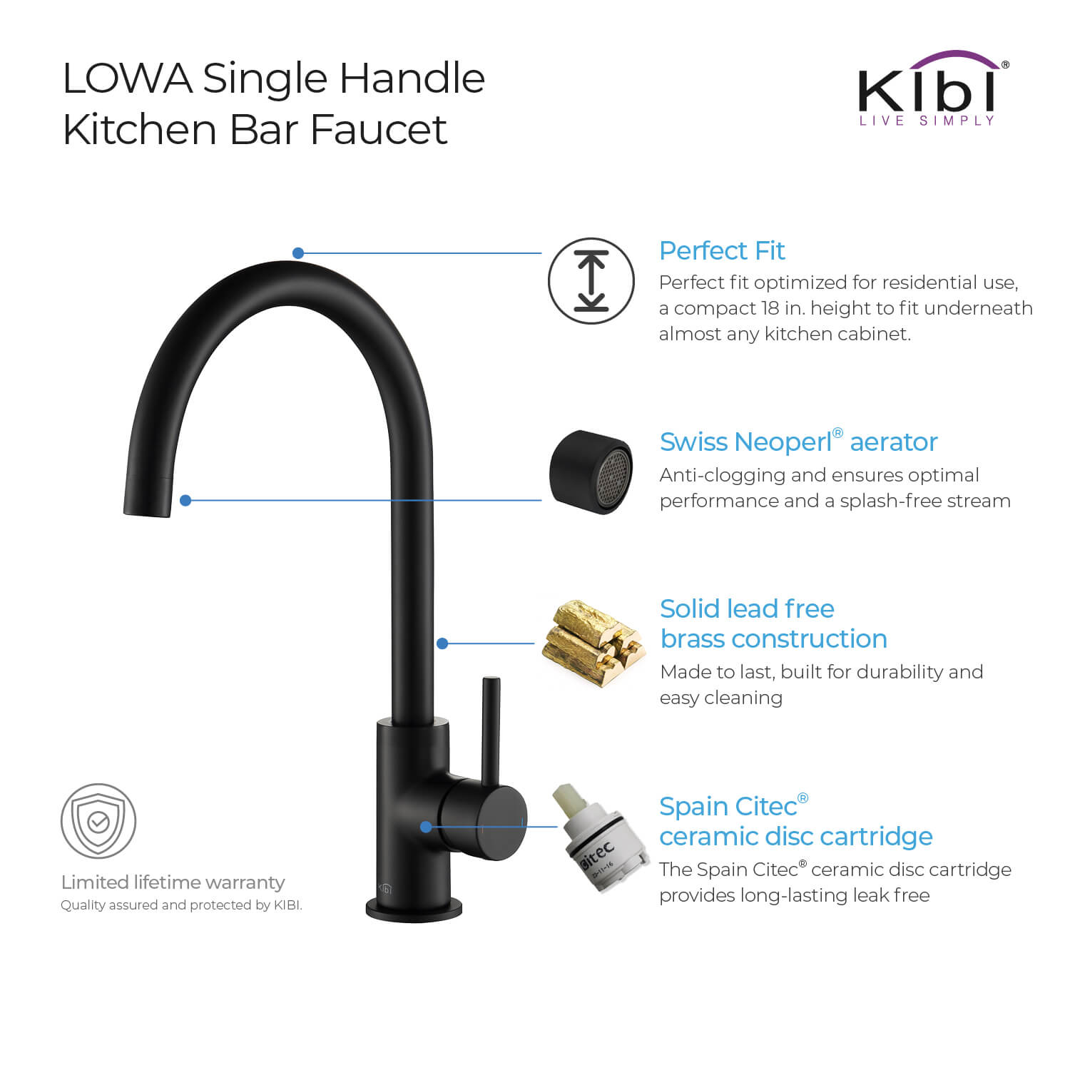Kibi Lowa Single Handle High Arc Kitchen Bar Sink Faucet With Soap Dispenser in Matte Black Finish - C-KKF2001MB-KSD100MB
